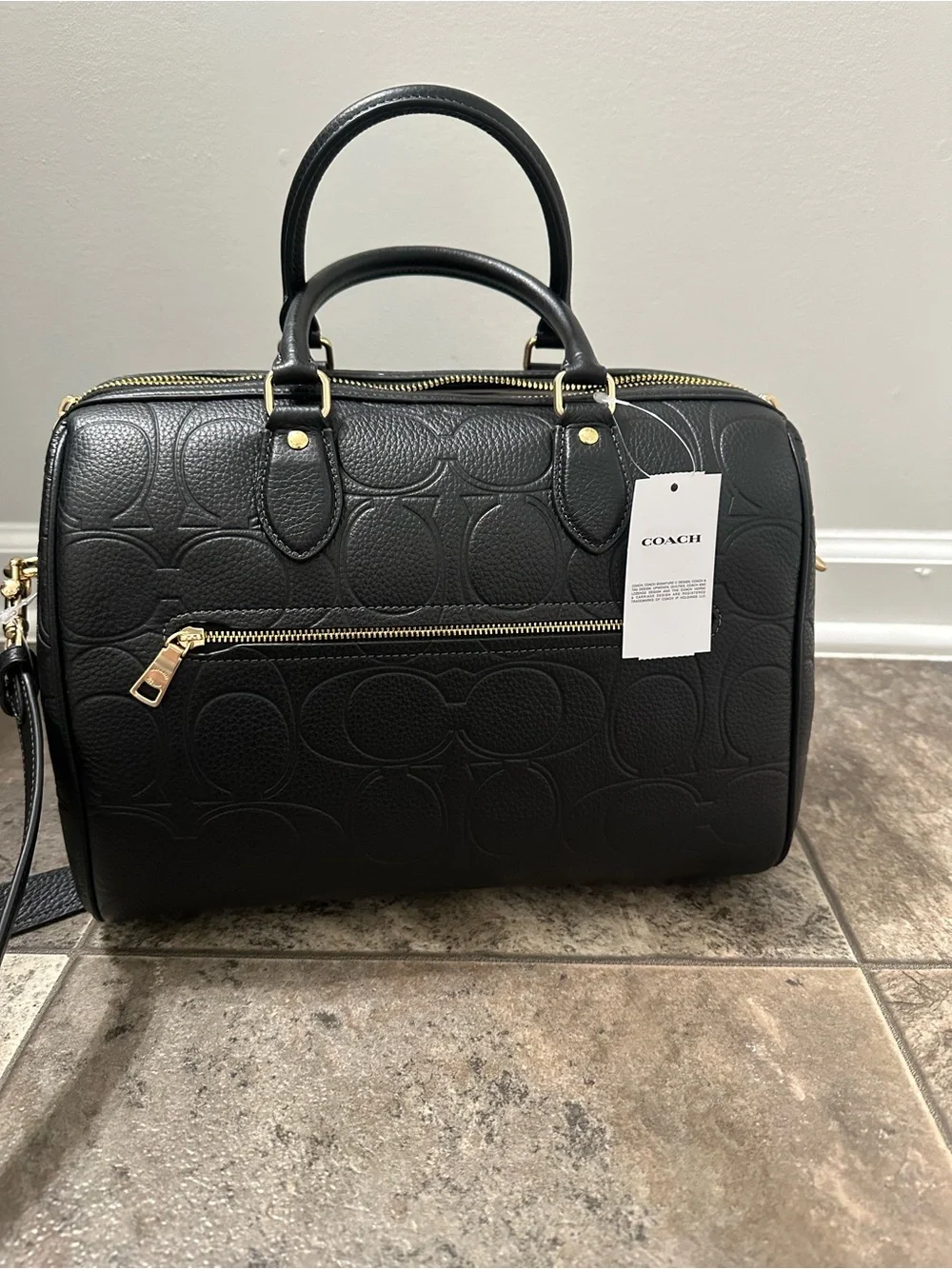 NWT Large Coach Black Embossed Pebbled Leather Satchel with Gold Hardware - Picture 3 of 9